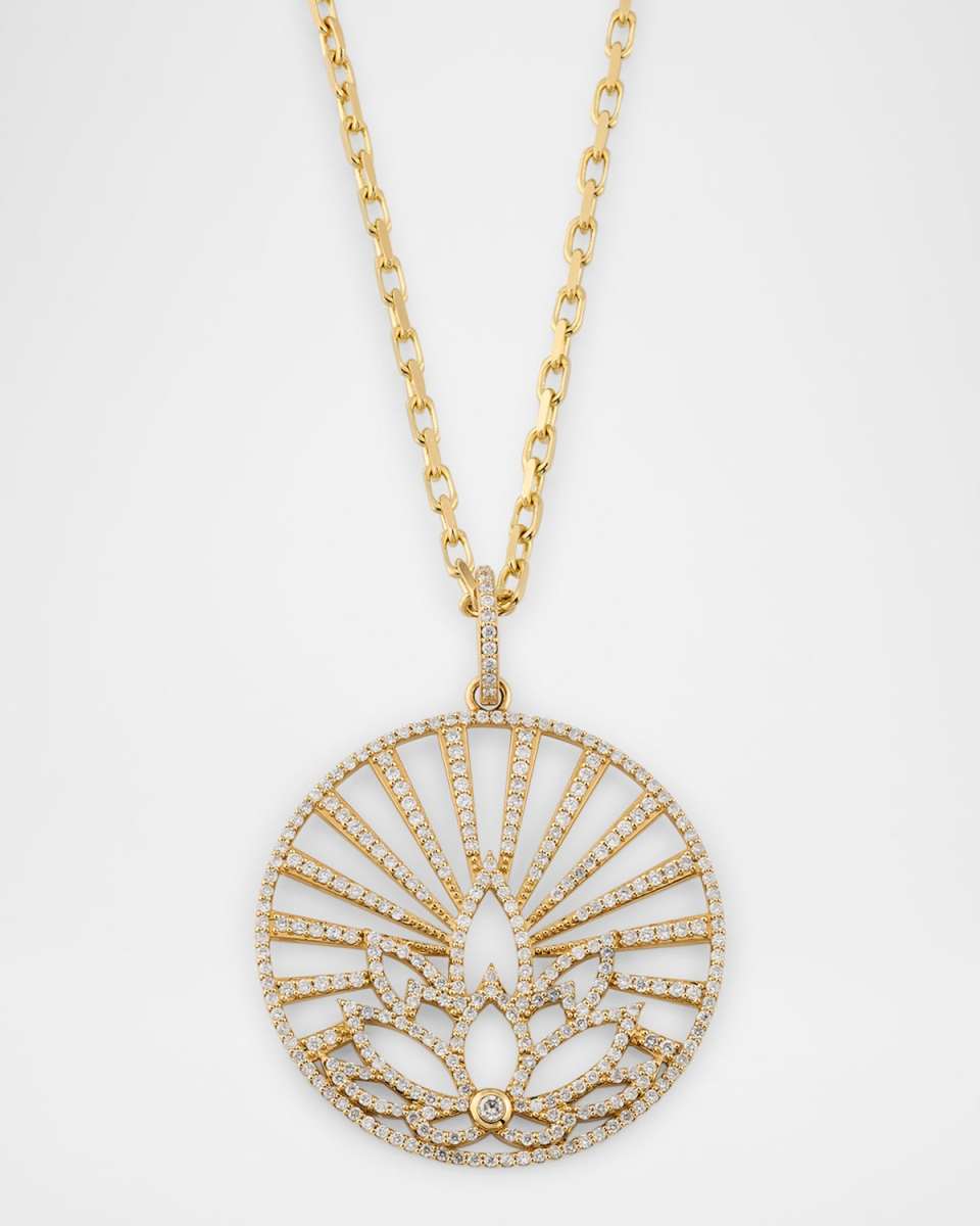 14K Yellow Gold Diamond Sunray Lotus Pendant Necklace